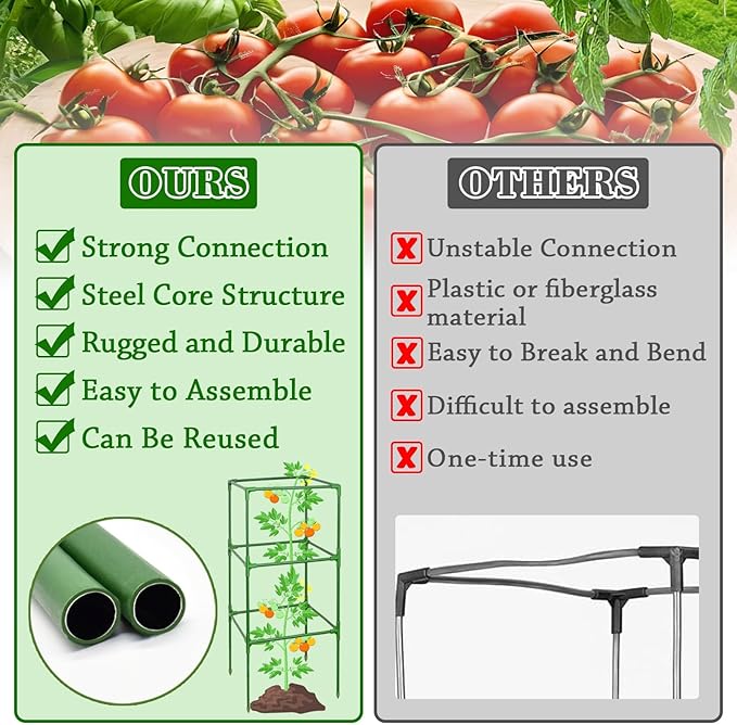 ZeeDix 45 Inch Tomato Cages 2 Pack, Heavy Duty Adjustable Metal Garden Plant Supports for Climbing Vegetables - Square Cage for Tomatoes, Cucumbers, Peas, Flowers with 20 Plant Clips