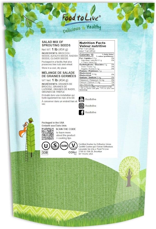 Food to Live - Salad Mix of Sprouting Seeds, 1 Pound Broccoli, Clover, Radish, Alfalfa, Kosher, Raw, Vegan