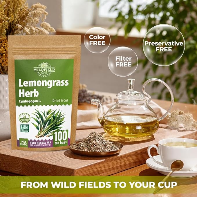 100 Bags Dried Lemongrass Tea Lemon Grass Leaf Herbal Tea Zacate De Limon (Cymbopogon) - 100 Count 1.5g Bags Lemongrass Chai Herb Limoncillo (Hierba Limon)
