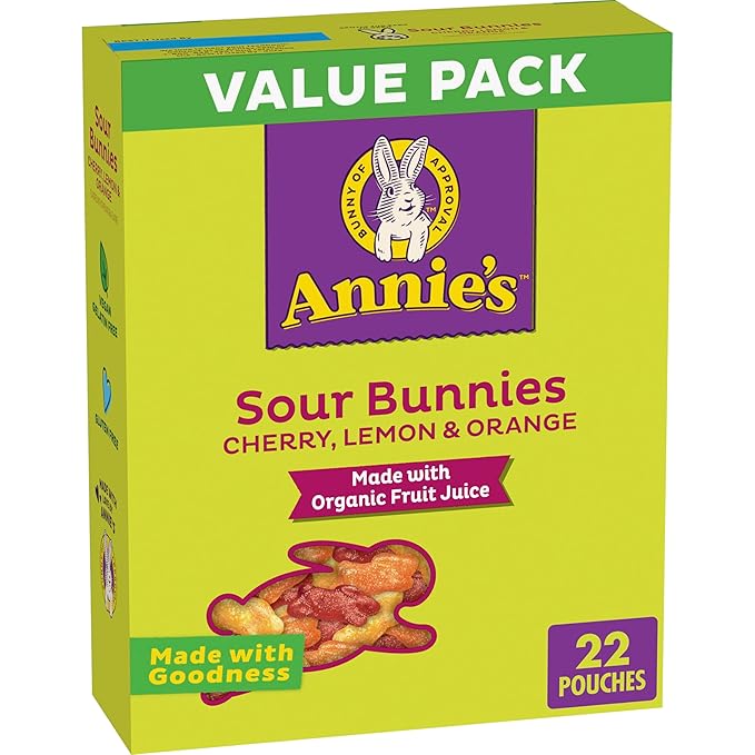Annie's Sour Bunnies Fruit Flavored Snacks, Cherry, Lemon & Orange Flavors, Made With Organic Fruit Juice, Value Pack, 15.4 oz