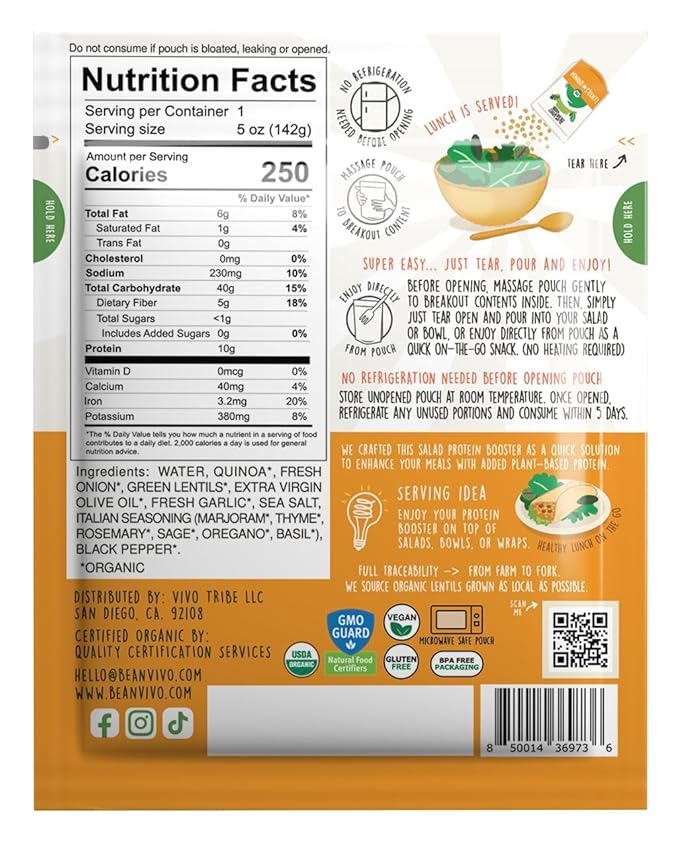 BeanVIVO 6-Pack Salad Protein Booster - Organic cooked Lentils & Quinoa with Garlic & Herbs, delivering a burst of taste and 10g of protein-packed goodness in every pouch 5oz