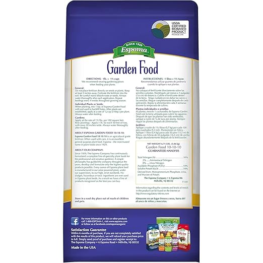 Espoma 10-10-10 Garden Food, 6.75-Pound Bag; Promotes Growth in All Flowering Plants, Trees, Shrubs, and Vegetables. Granular for Easy Application. Pack of Two.