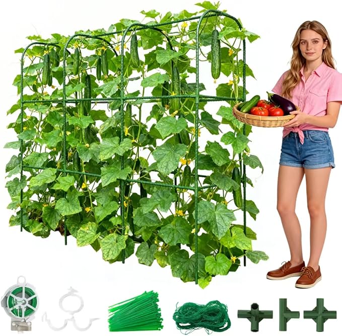 Garden Cucumber Trellis for Climbing Plants, Outdoor Metal Garden Arch Trellis, Plant Support for Vegetables Tomato Trellis Raised Garden Bed (Green, 47.2" Lx21.6 WX47.2 H-M)