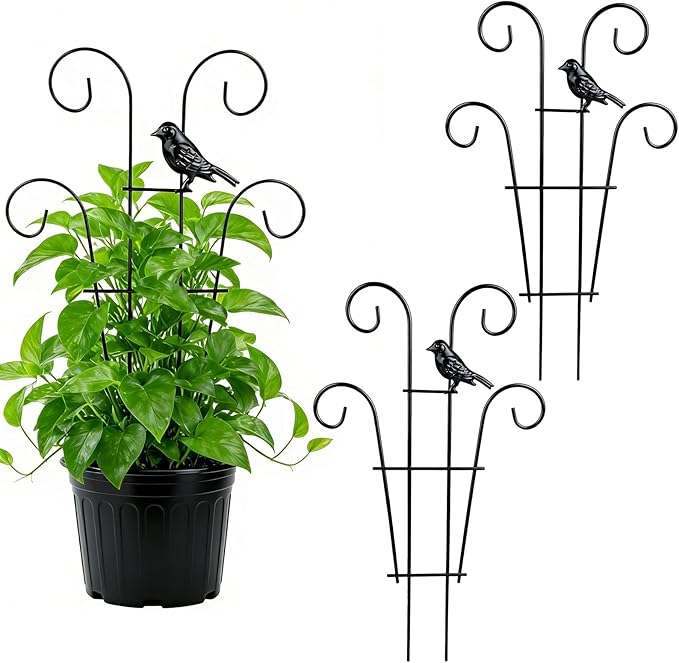 14.2 inch Small Trellis for Potted Plants, 2 Pack Rustproof Metal Plant Trellis for Climbing Plants Indoor, Sturdy Houseplant Support with Bird Ornament for Ivy, Pothos, Hoya, Vine (2 Pack)