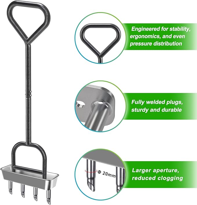 Dolibest Lawn Coring Aerator, Manual Lawn Aerator, 4 Stainless Steel Corer Plug Aerator with Triangular Handle, Pre-Assembled Manual Grass Aerating Tool & Storage Tray for Improving Lawn Health