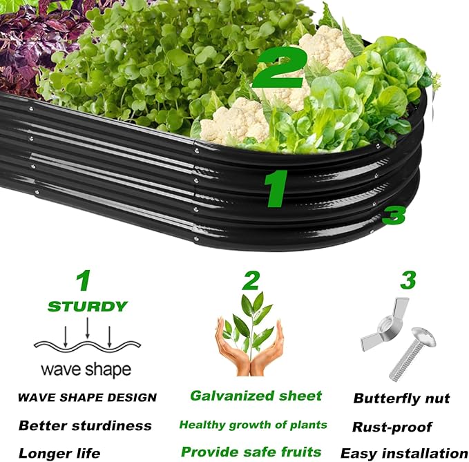 Raised Garden Bed GRS Certified Galvanized Planter Box Outdoor, 5ft Oval Rot-Resistant Metal Garden Bed Planter, Recycled Material Planter for Vegetables Flowers Herbs (Black)
