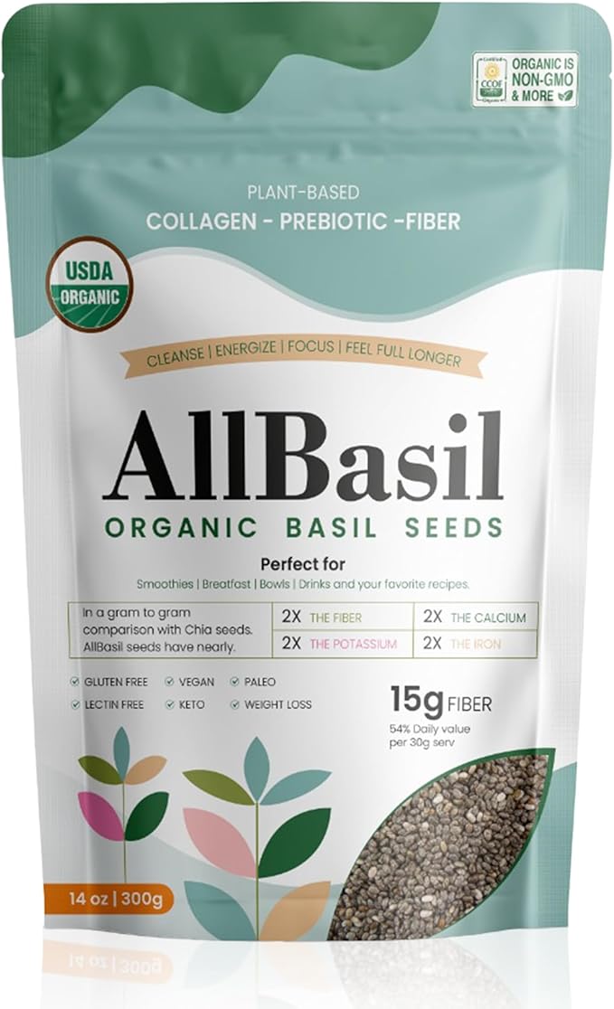Seeds 14oz, USDA Organic Edible Basil Seeds Superfood Rich in Fiber, Healthy Fats, & Minerals, Support Weight Loss, Blood Sugar Balance, Gut Health—Ideal for Smoothies, Juices & Desserts.
