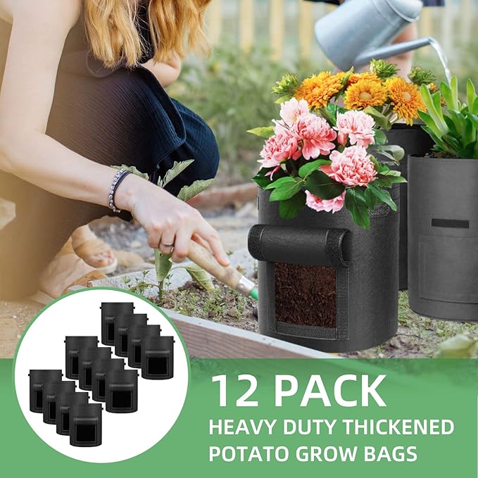 12 Pack 5 Gallon Potato Grow Bags, Heavy Duty Nonwoven Fabric Garden Planting Bag Plant Container with Flap and Handles, Aeration Fabric Pots for Growing Vegetable, Fruits and Flowers