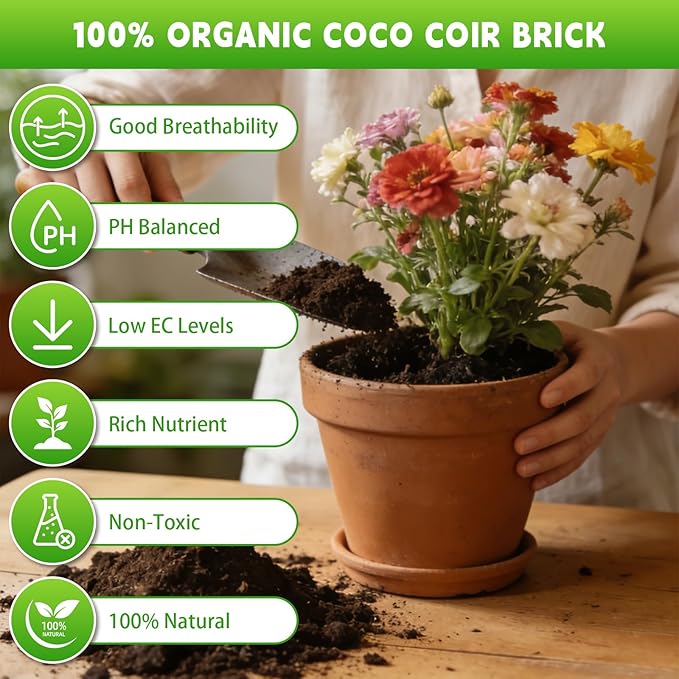 12 PCS Coco Coir Bricks - Compressed Coconut Fiber Substrate for Plants, Gardening, Potting Mix. Low EC & Balanced pH Natural Growth Medium for Seed Starting, Herbs