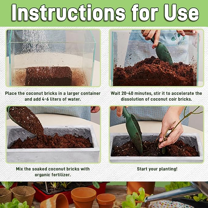 Premium Organic Coconut Coir Bricks -4 Pack Coco Coir Bricks for Planting, Gardening, and Potting Soil Substrate. Low EC & pH Balanced 100% Organic Peat Moss Mix with Fiber from Coconut Husks