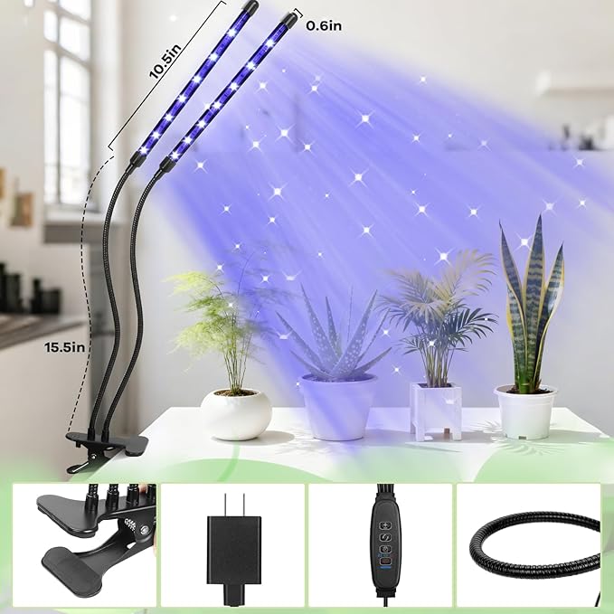 led Grow Lights, 2 Heads Red Blue Plant Light with Clamp for Indoor Plants & Seed Starting, 10-Level Dimmable, Auto On Off, Timing 3 9 12Hrs