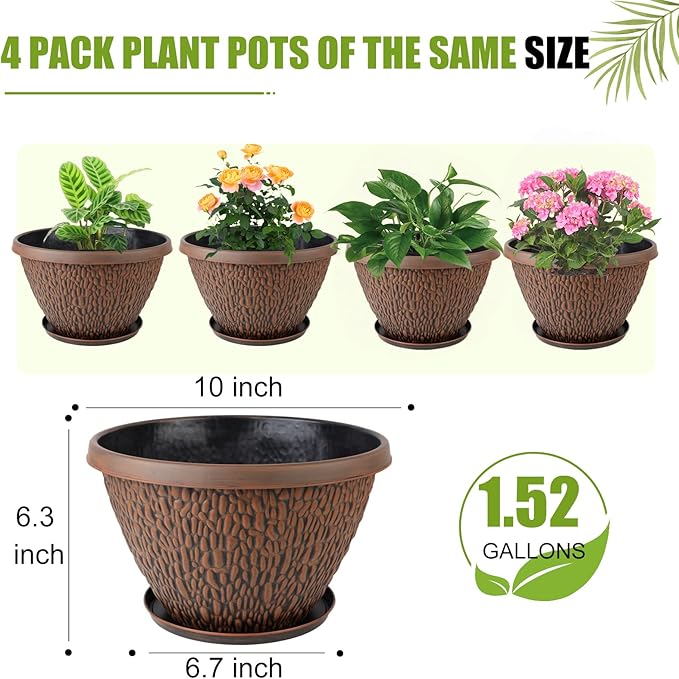 4 Pack Flower Pots Outdoor, 10 Inch Plant Pot with Drainage Hole & Tray, Thickened Plastic Planters for Indoor Outdoor Plants, Lightweight Brown Decorative Garden Pot with Saucer