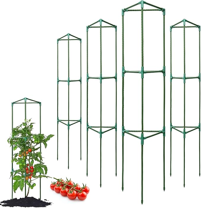 Tomato Cages for Garden&Pots, 4 Pack 50" Plant Support Trellis for Tomatoes, Cucumbers, Beans | Heavy-Duty Steel with Rust-Proof Coating | Garden Stakes for Outdoor Indoor Plants