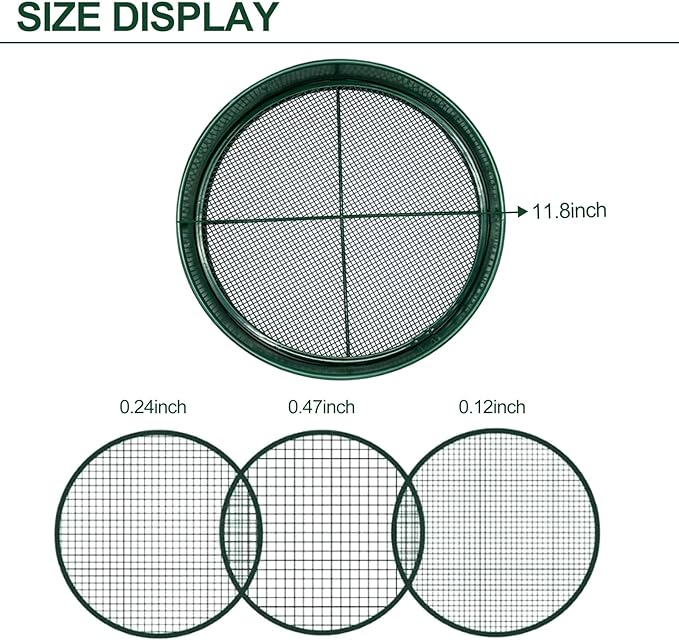 11.8 Inch Garden Soil Sifter Set Dirt Sifter with Interchangeable Screens,Multi-Functional Rock Sifter for Gardening Compost Bonsai and Sand Separation (Green)