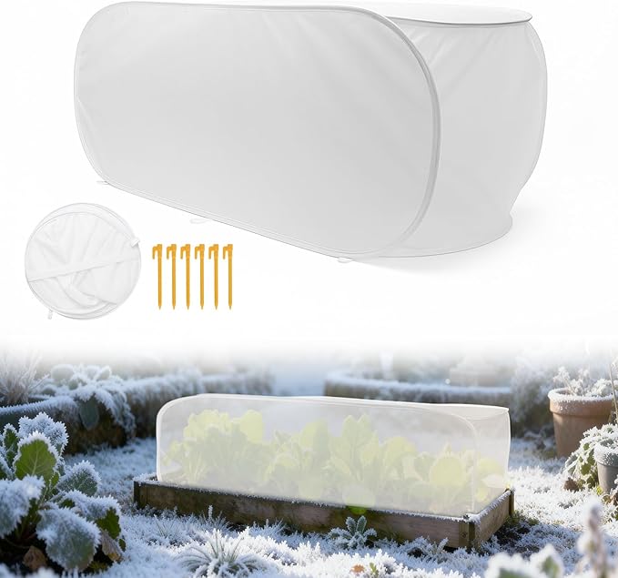 Pop-Up Plant Winter Cover, Non-Woven Fabric Shelter with Stakes, Insulated Frost for Garden Beds, Lightweight and Foldable for Shrubs, Vegetables and Small Potted Fruit Trees(1Pcs 39x17x17")