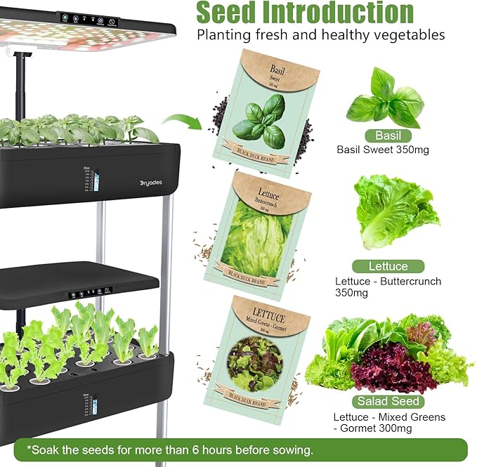 DRYADES 66-Pod Indoor Hydroponic Growing System + 3 Free Seeds Starter Kit (Lettuce, Salad Mixed, Basil Seeds) – Dual 53W Full-Spectrum LED, 10-L Water Tank, 3-Tier Grow Pods (66 Pods)