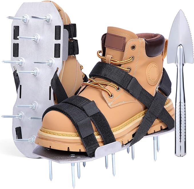 Ohuhu Metal Lawn Aerator Shoes, Upgraded Aluminum Aerating Shoe with 2.2" Durable Spikes, Free-Installation Spiked Sandals with Stainless Steel Shovel for Yard Patio Garden Grass