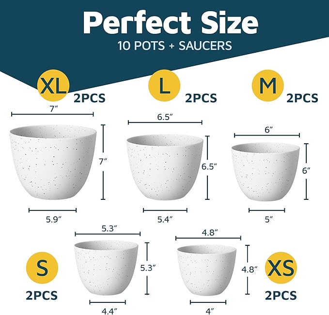 White Gray Plant Pots with Drainage Holes & Saucers 10 Pack, Indoor & Outdoor Stackable Space-Saving Planters for Houseplants & Flowers, (7", 6.7", 6", 5.3", and 4.8" Inches), Durable & Weatherproof