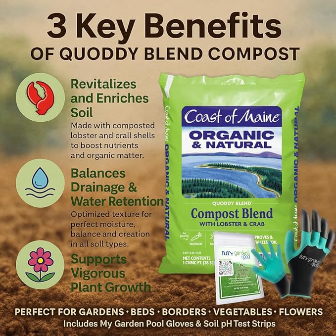 Coast of Maine QD1000 Quoddy Lobster Compost Soil Amendment 1 cf with My Garden Pool 7-in-1 Soil Test Strips, 20 ct. and Claw Gardening Gloves