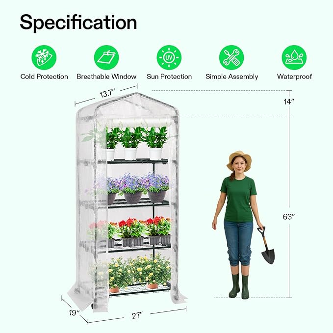 VIVOSUN Mini 4-Tier Greenhouse with Wheels, 27 x 19 x 63-Inch Reusable Portable Warm House with White PE Cover and Shelf for Compact Garden and Small Backyards, with Wheels