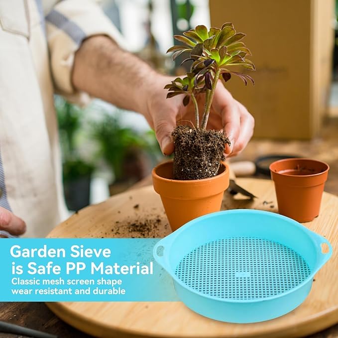 Round Garden Soil Sieve Pan, Gardening Sand Soil Compost Sifter 3mm Tetragonum Hole Soil Sifter Screen Filtering Earth and Stone Tools for Sieve Work of Small Gravel, Soil, Sand(Blue)