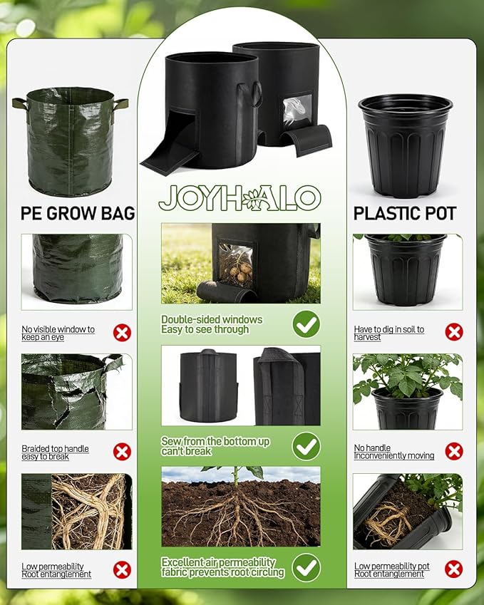 joyhalo 15 Gallon Potato Grow Bags, 4 Pack Planter Pot with Handles, Nonwoven Fabric Pots with Harvest Window & Visible Window, Heavy-Duty Planting Bags for Vegetable & Fruit, 5-Color Plant Labels