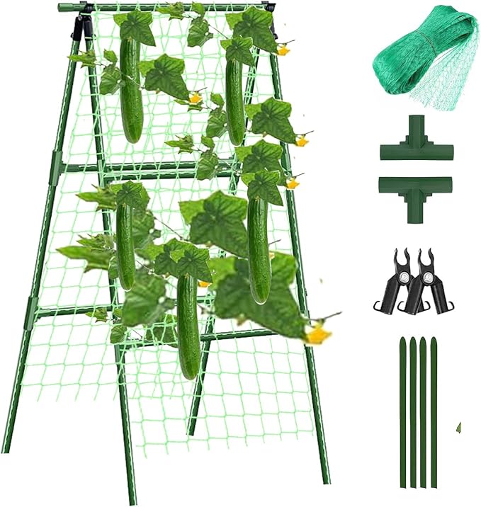Small Size Garden Cucumber Trellis for Climbing Plants Outdoor, 47x16 inch A Frame Cucumber Trellis for Garden Raised Bed, Plant Support for Vegetable Vine Pea Bean, with Netting