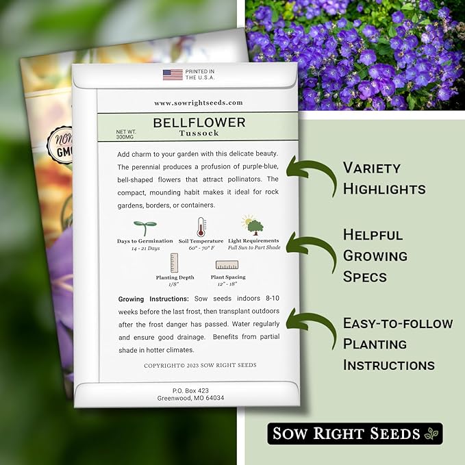 Sow Right Seeds - Tussock Bellflower Seeds for Planting - Blue Campanula Carpatica Perennial- Non-GMO Heirloom Packet With Instructions to Plant in Your Garden - Bell Shaped Blooms Outside Gardens (3)