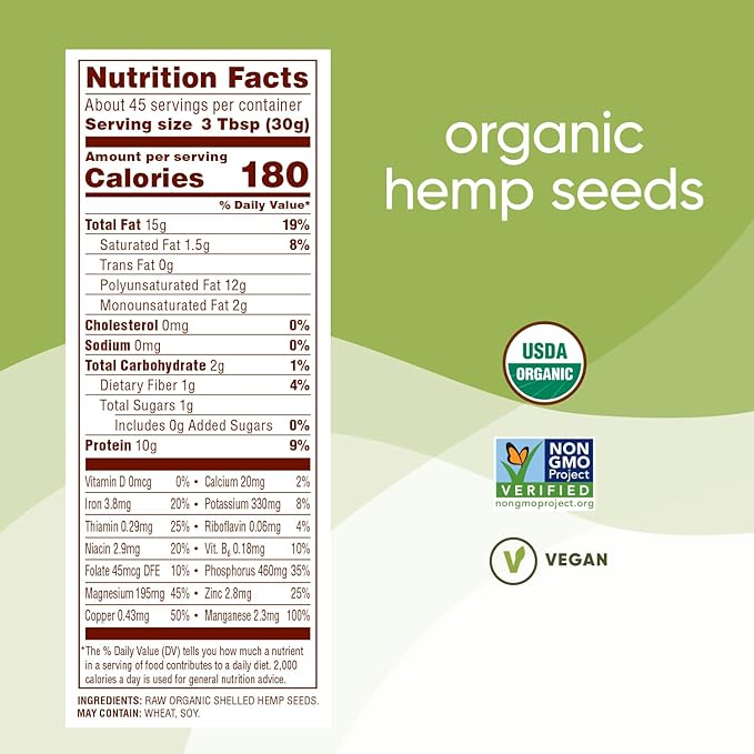 Nutiva Organic Raw Shelled Hemp Seed, USDA, Non-GMO, Non-BPA, Whole 30 Approved, Vegan, Gluten-Free & Keto, 10g Protein and 12g Omegas per Serving for Salads, Smoothies & More, 48 Ounce