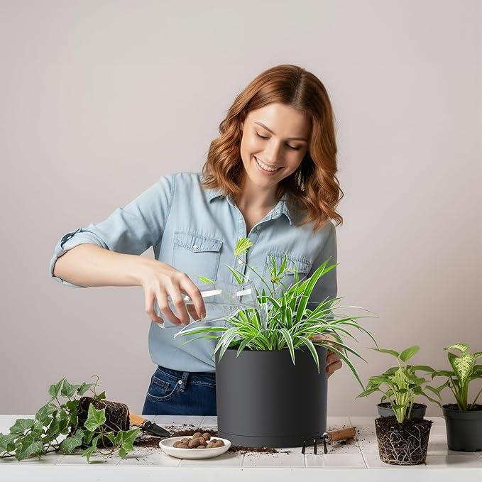 10/9/8 Inch Large Plant Pots with Drainage Holes and Trays, 3 Pack Modern Minimalist Cylinder Planters for Monstera, Snake Plant, Indoor Outdoor (Matte Black)