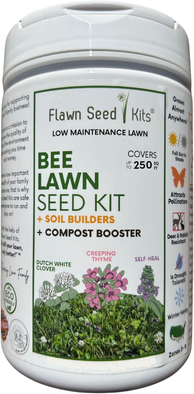 Flawn Seed Kits Bee Lawn Seed Kit, 250 SqFt, Dutch White Clover + Self-Heal + Creeping Thyme, Easy to Spread, Low Maintenance, Alternative Ground Cover, Shaker Tube