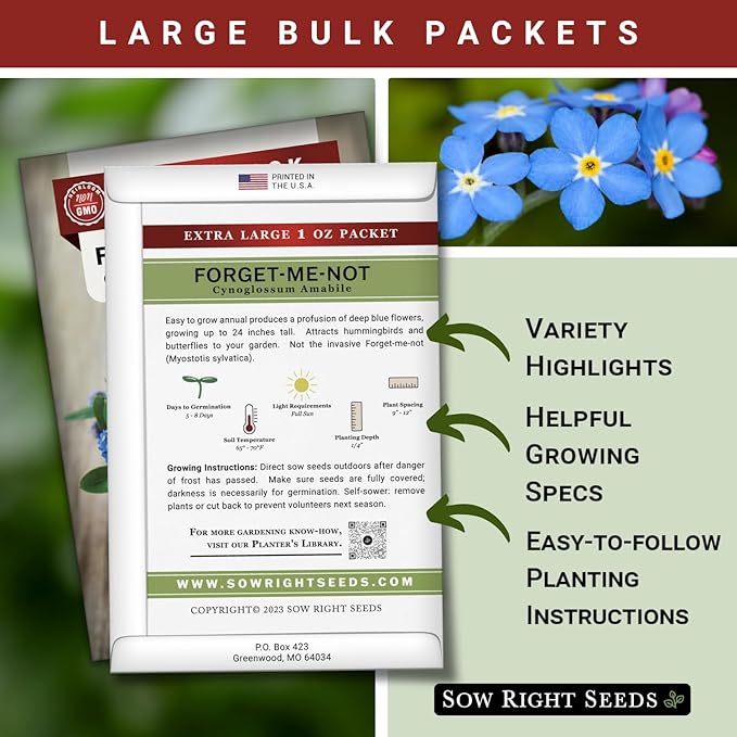 Sow Right Seeds - Bulk Forget-Me-Not Flower Seeds for Planting - 1 Ounce, 5300 Seeds - Non-GMO Heirloom Jumbo Pack with Instructions - Attract Butterflies - Grow Loads of Flowers for Pollinators…