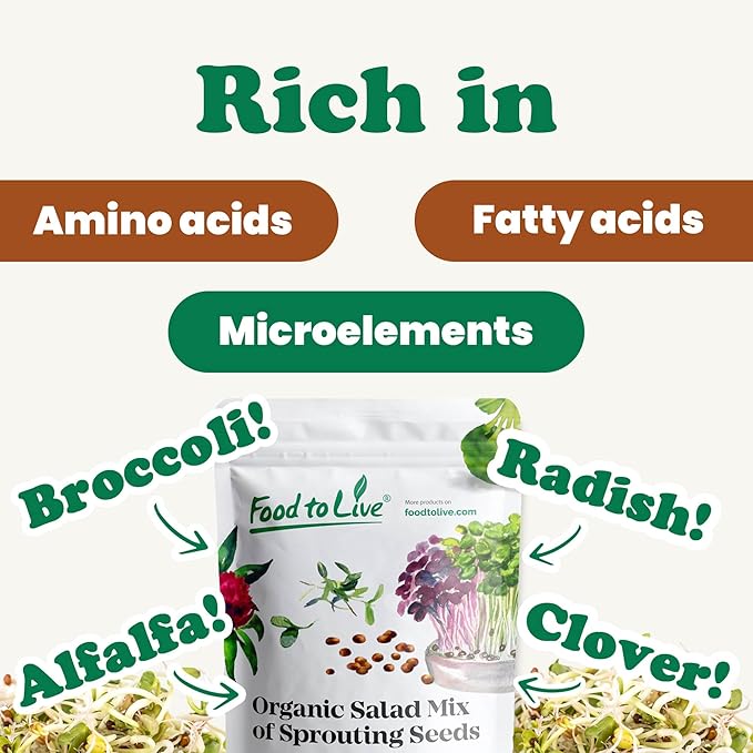 Food to Live Organic Salad Mix of Sprouting Seeds, 8 Ounces — Non-GMO Broccoli, Radish, Clover, Alfalfa. Rich Germination Rate, Non-Irradiated, Kosher, Vegan Superfood, Bulk, Rich in Sulforaphane
