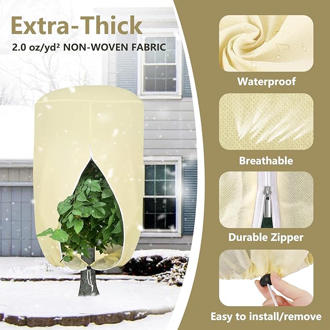 2 Pack Rounded Top Plant Covers Freeze Protection for Winter, Plant Covers for Winter, 47" X 72" Tree Frost Protection Blankets Outdoor With Zipper/Drawstring, for Shrub Bush Fruit Tree Potte(Beige)