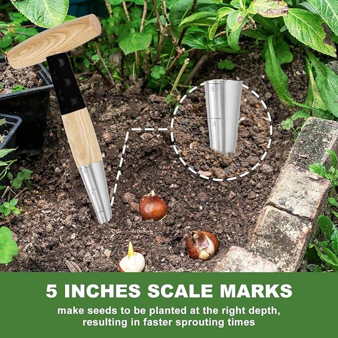 Hand Dibber Bulb Planter Tool Dibber Gardening Hand Tools with 5 Inch Measurements Stainless Steel Sow Dibbler with Non-Slip Handle Seed Planter Tool Seed Dispenser Hole Digger (Yellow)