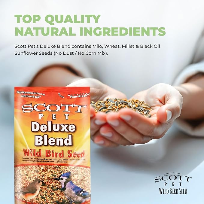 Scott Pet Wild Bird Seed, Deluxe Blend, 11 lbs Bag, No Dust, No Corn Mix, Feed, Great for All Feeder Types, Food for Outside Wild Birds