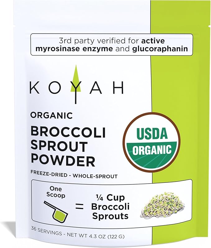 KOYAH - Organic USA Broccoli Sprout Powder (1 Scoop = 1/4 Cup Sprouts): 36 Servings, Freeze-Dried, Tested for Active Myrosinase and Glucoraphanin (Sulforaphane Glucosinolate)