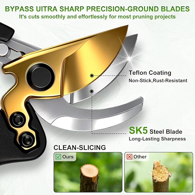 Pruning Shears, Sharp SK5 Steel Garden Clippers with Teflon Coated Blade, Clean Precision Cut, Ergonomic Non-Slip Grip, Easy-Control Hand Pruners for Roses, Shrubs & Plants