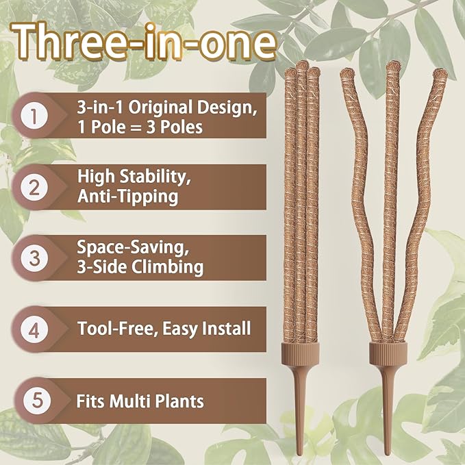 3 Moss Poles in 1, Bendable Monstera Plant Support, 30IN Tall Plant Support for Indoor Plants, Coir Pole Plant Stakes for Climbing Plants, Pothos, Philodendron-2 Pack