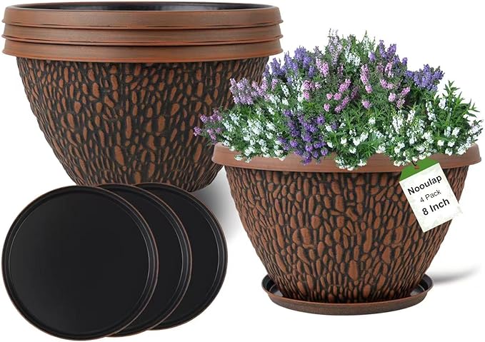 4 Pack 8 Inch Plant Pots Outdoor Indoor, Small Flower Pots with Drainage Hole & Tray, Thickened Plastic Outdoor Planters for Garden House Decor
