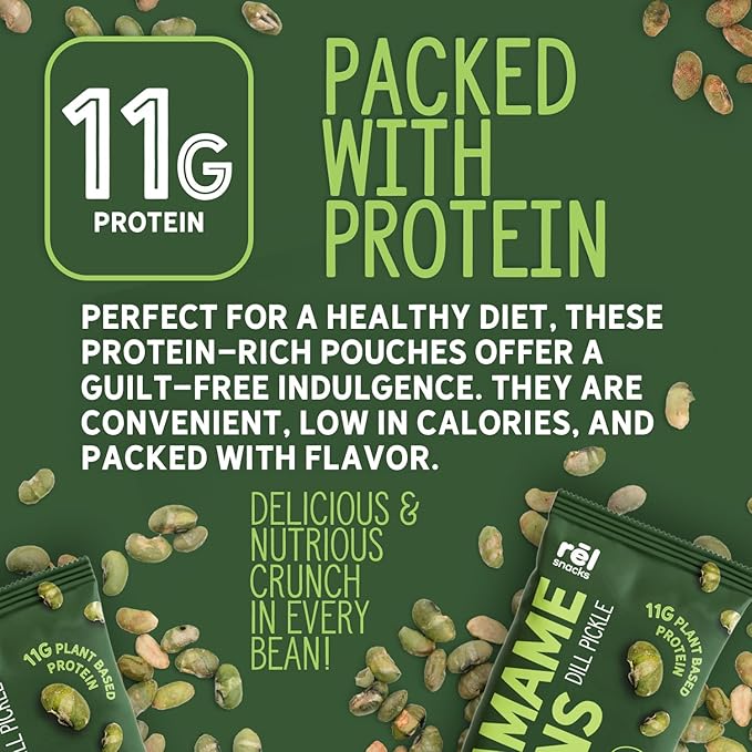 Rēl Snacks Dill Pickle Roasted Edamame – High Protein Low Carb Snack (11g Protein per Serving) – Keto-Friendly, Vegan, Non-GMO – 10-Pack 0.9oz Bags