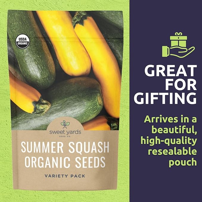 Organic Summer Squash Seeds Variety Pack - 5 Individual Packs - 2026 Season - Black Beauty, Cocozelle, Golden Zucchini and More! for Indoor & Outdoor Planting (Non-GMO, Certified Organic)