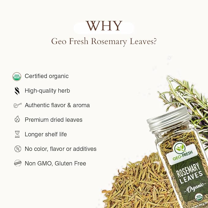 Geo-Fresh Organic Rosemary Leaves 0.88 oz - Dried Rosemary Seasoning for Cooking and Garnish - USDA Certified Organic, Non-GMO, Gluten-Free, Kosher