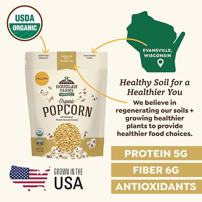Organic Yellow Popcorn Kernels Unpopped 3 lb - Healthy, Non-GMO, Gluten-Free, Pesticide-Free, Chemical-Free, Glyphosate-Free, Grown in Regenerative Soil in Wisconsin USA by Doudlah Farms