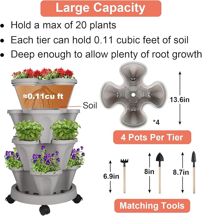 GameXcel Vertical Planter 4 Tier Stackable Planters Garden Planters Strawberry Herb Flower and Vegetable Planter Indoor Outdoor Gardening Pots with Removable Wheels and Tools 2-Pack