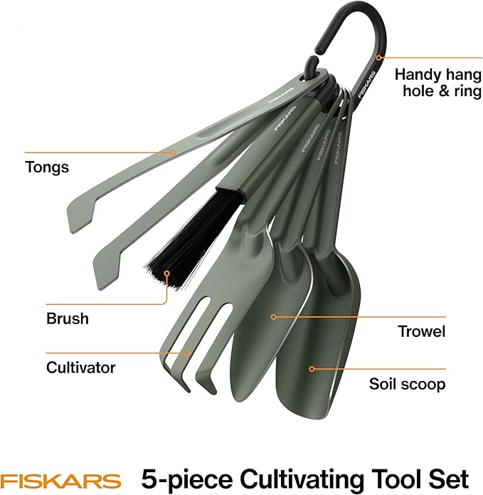 Fiskars 5-Piece Cultivating Tool Set, Nesting Trowel, Soil Scoop, Cultivator, Tongs & Brush for Indoor Gardening, Stainless Steel with Powder Coat Finish, Space Saving Design, Black