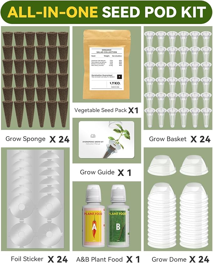 LYKOCLEAN 24 Pods Vegetable & Salad Green Seed Pod Kit for Aerogarden, Ahopegarden, iDOO – Non-GMO American Fast Lettuce, Green Pepper, Cucumber, Parsley Seeds, Compatible with All Hydroponic System
