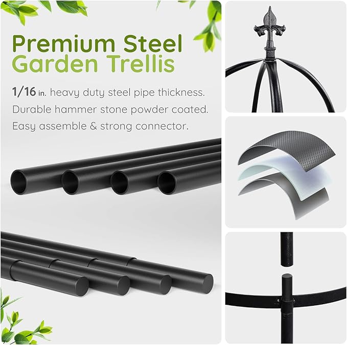 Idzo 100% Metal Obelisk Trellis for Climbing Plants Outdoor 6ft - 72in, Heavy Duty Black Garden Trellis for Climbing Vine with Stone-Look Finish, 1pc