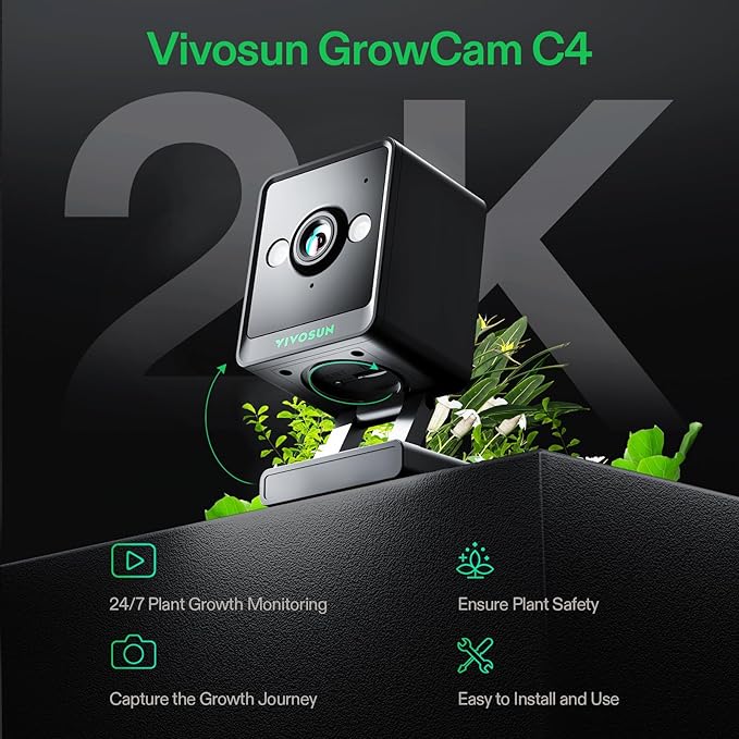 VIVOSUN GrowCam C4, 2K QHD WiFi Smart Camera for Grow Tent & VGrow Smart Grow Box, Supports 2.4GHz WiFi (Not 5GHz/6GHz), Timelapse, Night Vision, SD Card Storage, 2-Way Audio, App Control