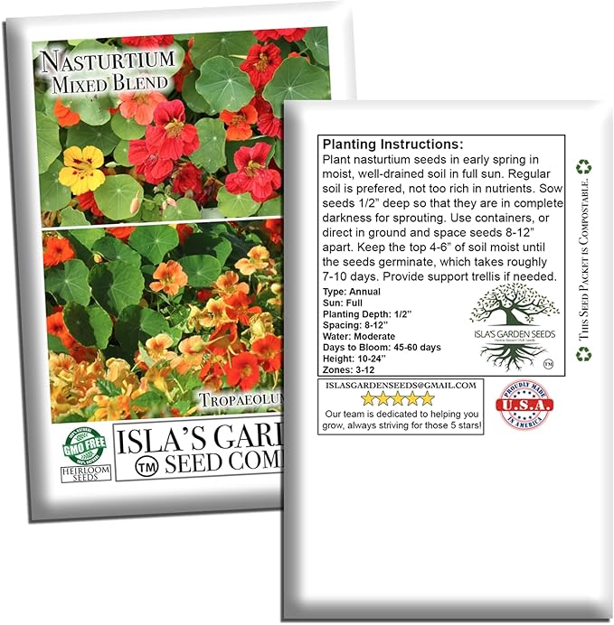 Nasturtium Mixed Blend Flower Seeds for Planting - 50+ Flower Seeds Per Packet, (Isla's Garden Seeds) Non-GMO & Heirloom, Botanical Name; Tropaeolum majus, Great Garden Gift
